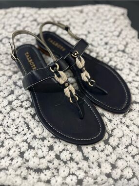 Talbots Navy Leather Sandal with Cream Rope Accent